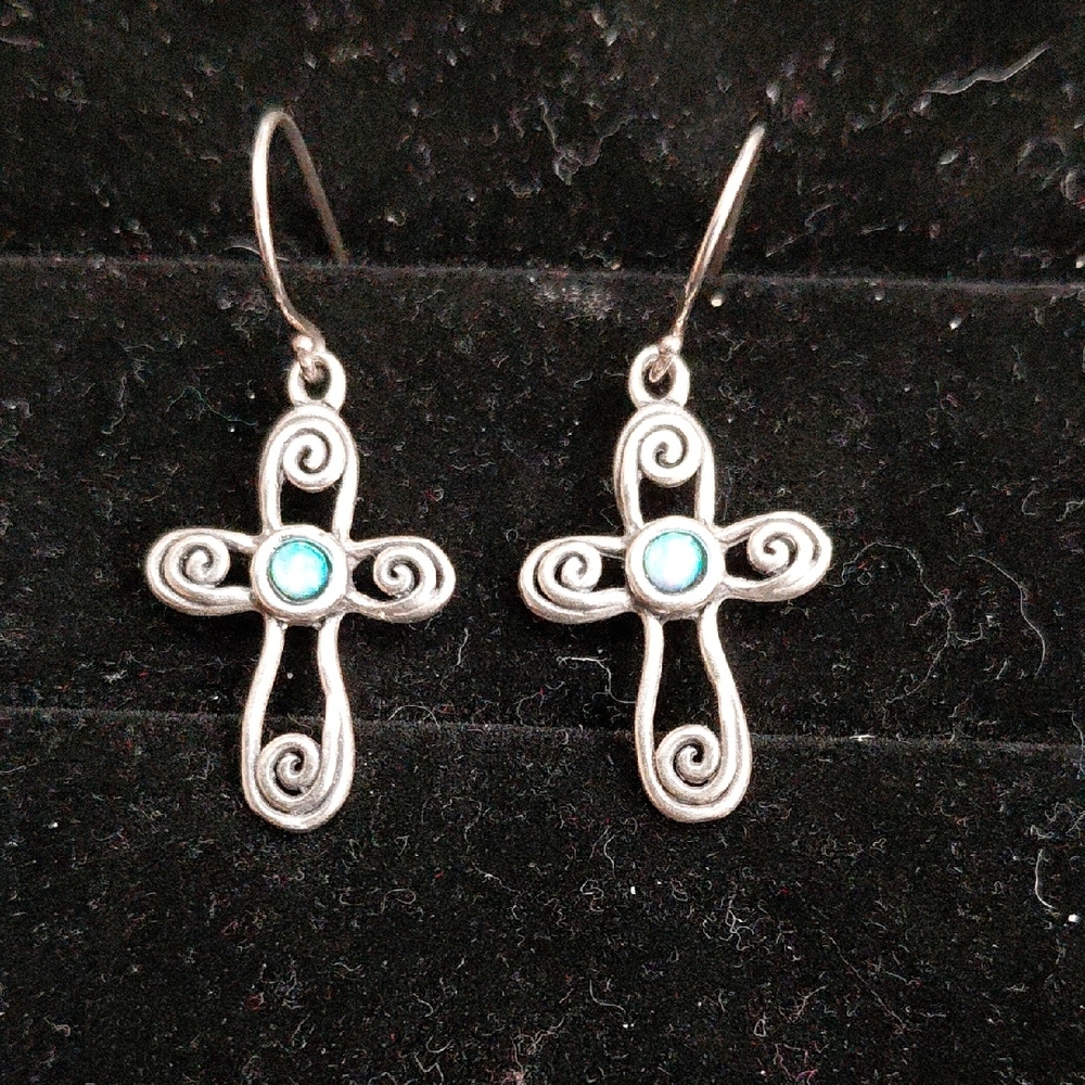 Artisan Silver Cross Earrings with Sparkling Opal Detail .925 marked So cute ...